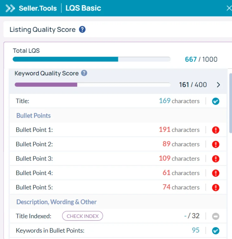 SellerTools LQS basic keyword quality score feature