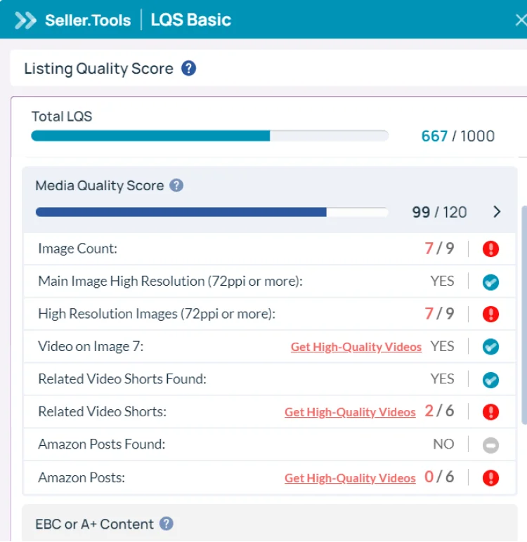 SellerTools LQS basic media quality score feature