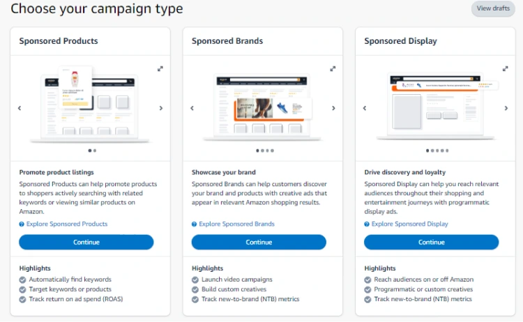 PPC ad dashboard on Amazon with three different campaign type options available to sellers