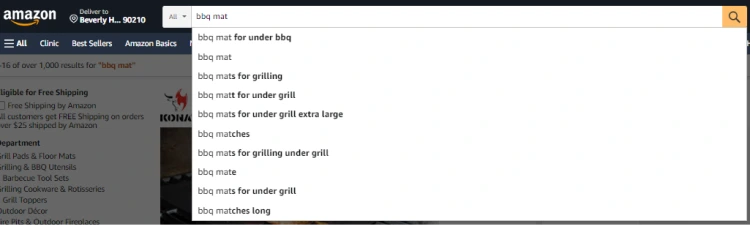 Amazon search bar, featuring search terms focused on a BBQ mat