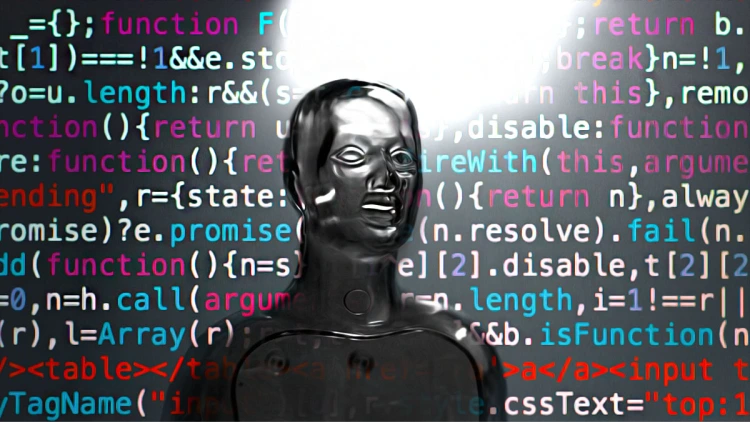Transparent Android standing in front of computer code