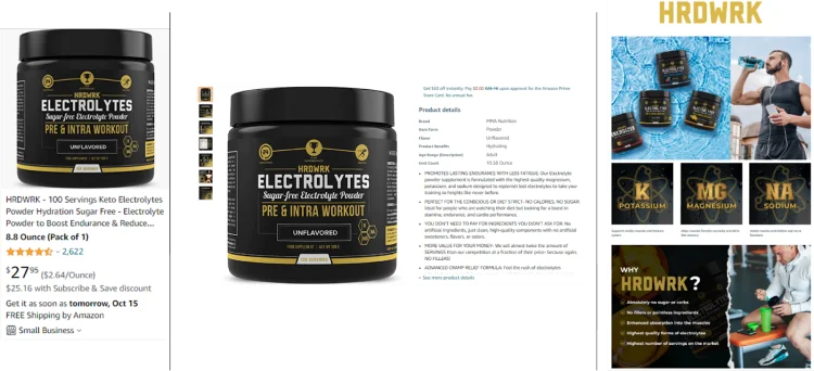 "HRDWRK Unflavored Electrolyte Powder - Amazon Listing and Product Detail Page