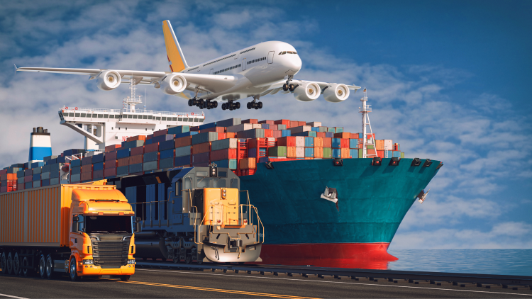 Transportation logistics container cargo ship cargo plane 3d rendering illustration