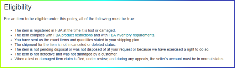 Amazon FBA reimbursement claim eligibility criteria